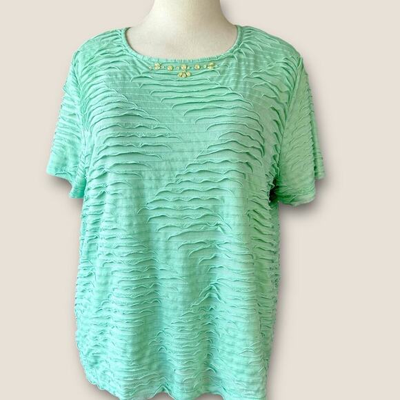 Alfred Dunner Short Sleeve Ruffled Tiered Top Blouse Stretch Pullover 2X Green - Picture 1 of 13